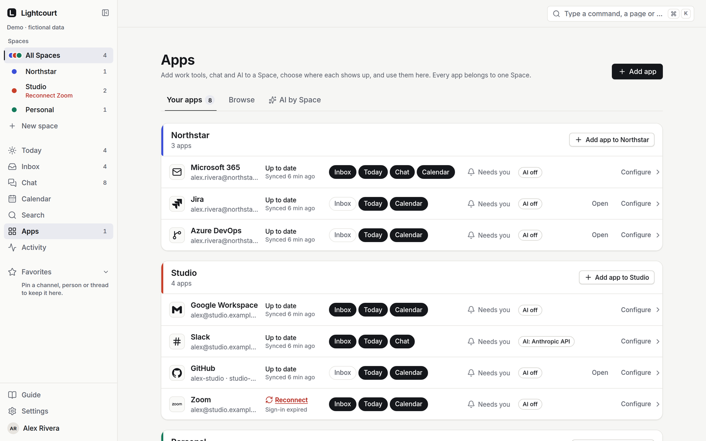 Apps, grouped by Space: Northstar’s Microsoft 365, Jira and Azure DevOps; Studio’s Google Workspace, Slack and GitHub.