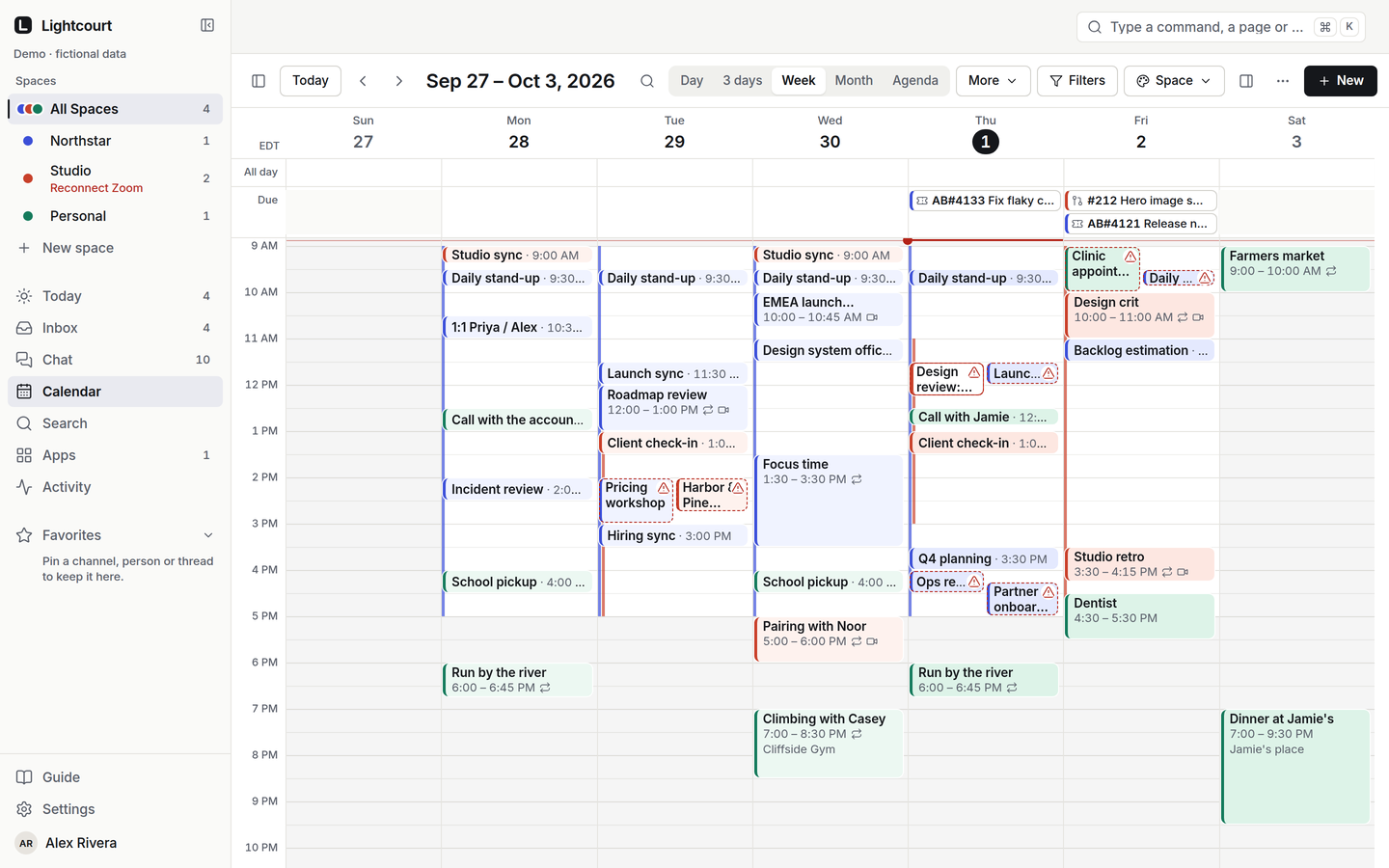 The calendar’s week view: Northstar, Studio and Personal events in their own colours, with the conflicts between them marked.